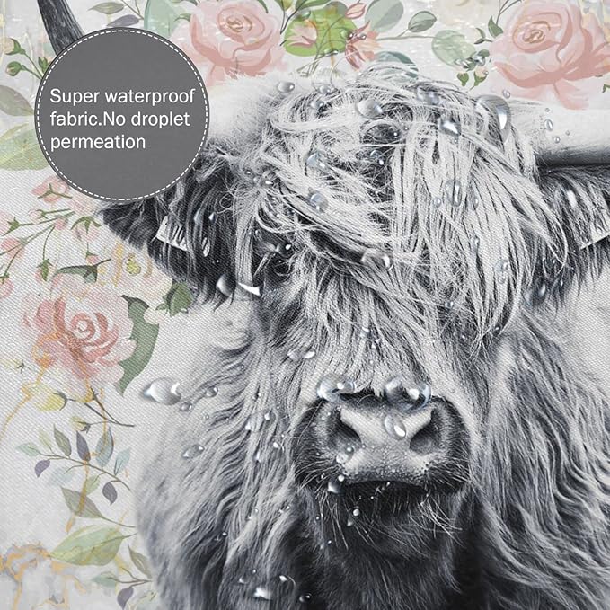 Domoku Highland Cow Shower Curtain Get Naked Shower Curtain Funny Cute Farmhouse Bull Floral Bathroom Curtain Polyester Fabric Waterproof with 12Hooks,72x72 inc