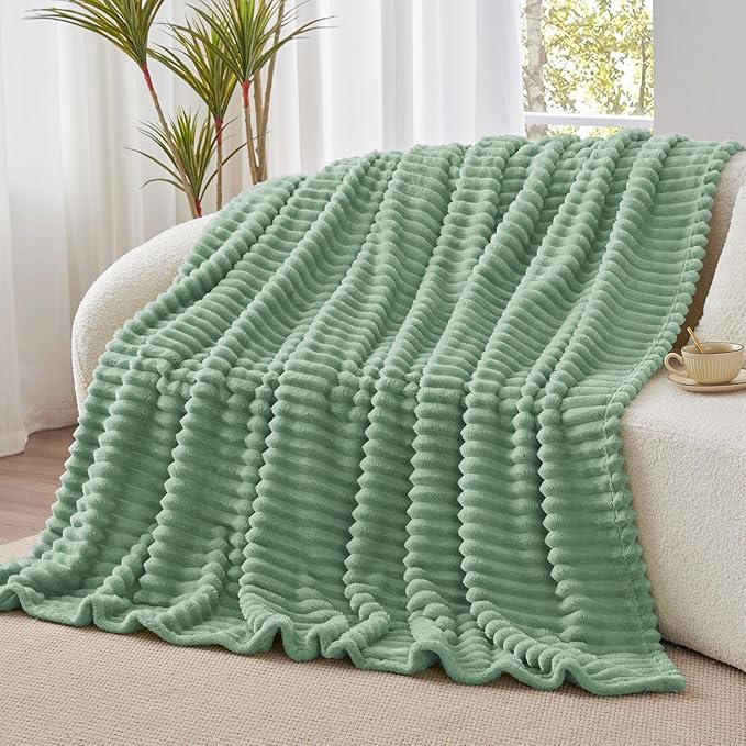 BEDELITE Twin Blanket for Couch & Bed, 300GSM Soft & Warm Fleece Blanket, Decorative and Giftable Striped Sage Green Blankets for Women, Men, 60"x80"