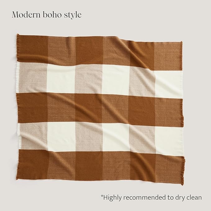 Double Stitch Alpaca Wool Throw Blanket - Warm, Soft Blanket for Couch, Luxury & Decorative Fleece Throw, Fall Plaid, Gift for Mother's Day, House Warming, 50" x 60", Harvest Brown & Cream