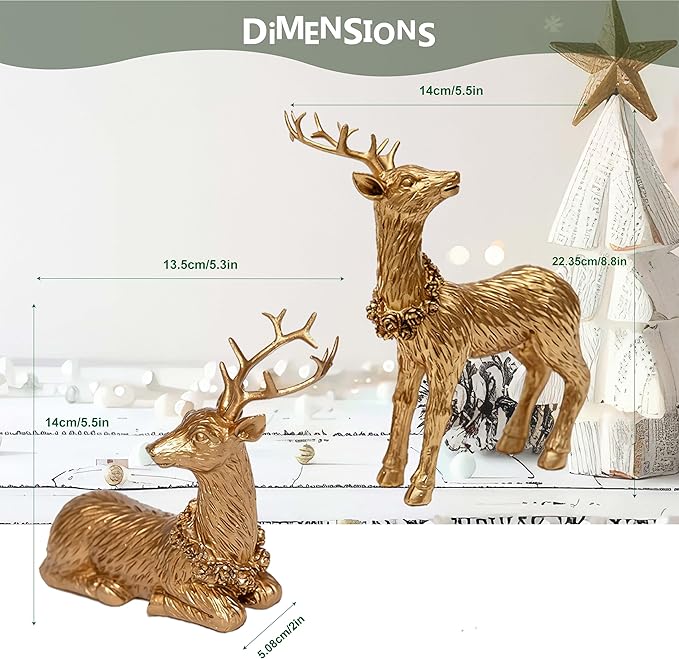 2pcs Pine Nut Reindeer Christmas Decorations, Deer Figurines Home Decor, Elk Figurine, Holiday Home Décor Accents for Xmas Office Living Room & Bedroom Decorations (Pine Nut Medium, Gold)
