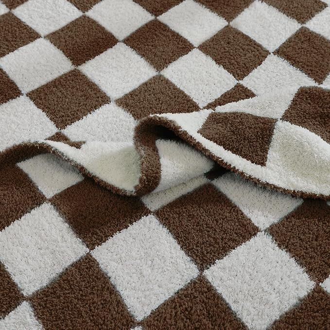 WRENSONGE Checkered Throw Blanket, Coffee Soft Cozy Fluffy Warm Hand Made Throw Blankets for Couch, Sofa, Chair, Bed, Camping, Picnic, Travel Lightweight Bed Blanket - 60"*80"