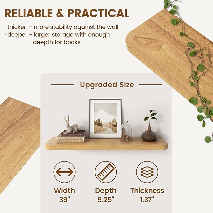 Rustic Elm Wood Floating Shelves for Wall Round Edge, 39"W x 9.2"D x 1.37"H, Set of 2 with Invisible Bracket, Wall Mounted Storage Shelves for Living Room Bedroom Kitchen Bathroom Decor, Natural