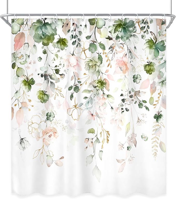 Summer Green Pink Floral Flower Shower Curtain 60Wx72L Inch Spring Floral Eucalyptus Leaves Wildflower Gold Plant Pretty Botanical Bathroom Set Girl Bath Curtain Bathtub Accessories Home Decor