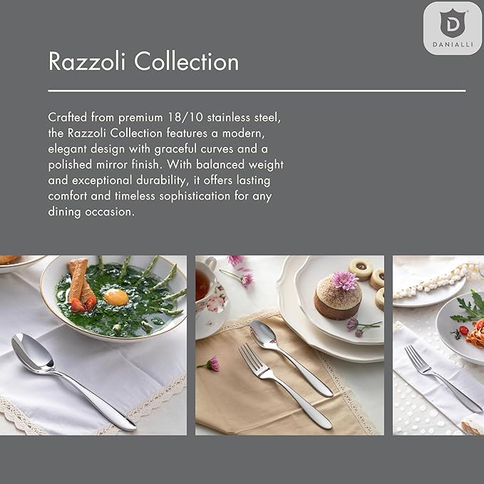 Modern Silverware Set, 18/10 Stainless Steel Flatware, Mirror Finish, Dishwasher Safe, Elegant Cutlery for Home and Dining, Built to Last (60-Piece, Razzoli)