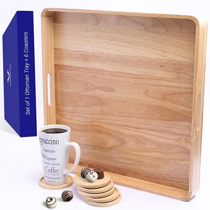 Wooden Ottoman Tray for Living Room – Large 19" Square Serving Tray with Handles & 6 Coasters Set, Ideal for Coffee Table, Couch, Kitchen, Breakfast, Food, Drinks & Home Decor