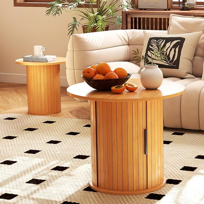 Nesting Coffee Table Set of 2 with Hidden Storage & Sliding Door, Circle Wood Coffee Table, Farmhouse Side & End Table Sets for Living Room, Small Spaces, Natural