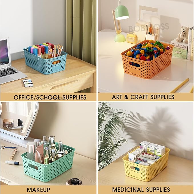 Colorful Plastic Storage Baskets with Lids 12 Pack Stackable Storage Bins Containers for Shelves Organizing, Colored Cute Decorative Storage Boxes for Classroom, Playroom, Closet, Pantry