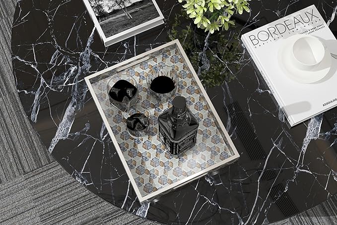 PEMAR Rectangular Mother of Pearl Serving Tray Coffee Table Ottoman Tray w Insert Handles, Luxury Decorative Handmade Eating Tray (Geometric Cube Pattern)