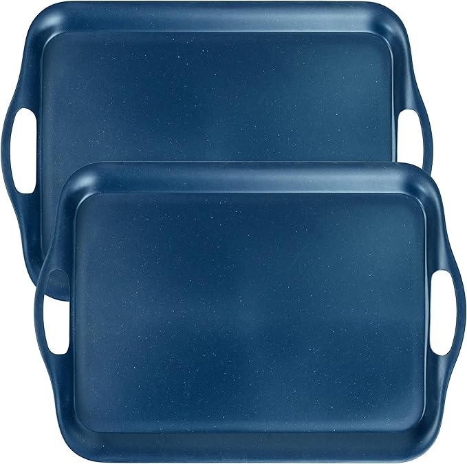 KINGEN 2-Pack Navy Blue Bamboo Fiber Serving Trays - 18×13-inch Extra Large w/Handles Tray, Platters for 4th of July, Christmas, BBQ, Picnic, Outdoor Dining - Durable, Lightweight (Classic Blue)