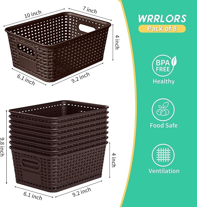 8-Pack Brown Plastic Storage Baskets with Lids, Label Organizers, Stackable Organizer Containers: For Organizing Shelves, Drawers, Desk Closets, Playrooms, Classrooms, Offices
