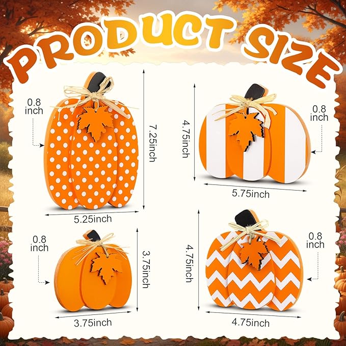 4 Pcs Fall Pumpkin Decor 3D Pumpkin Wooden Tabletop Signs Farmhouse Thanksgiving Autumn Standing Table Centerpieces Rustic Tiered Tray Decor for Home Kitchen Harvest Party(Orange and White)