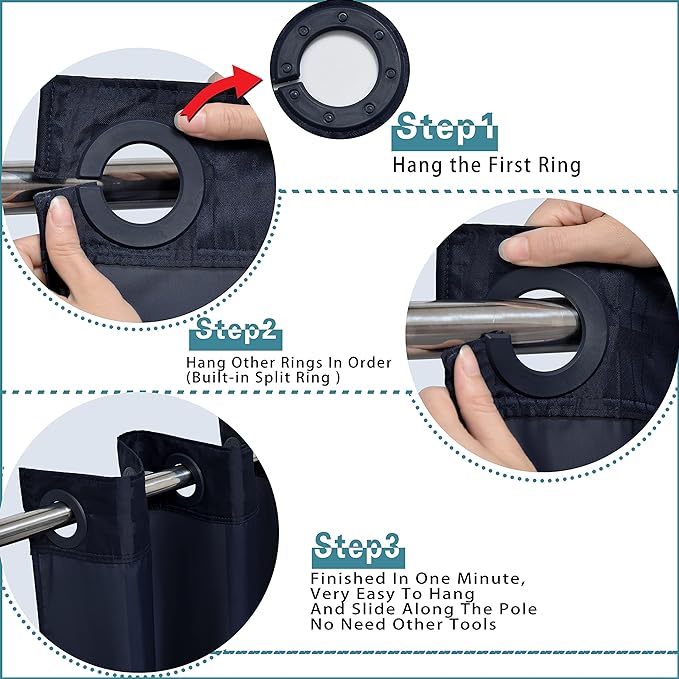 Conbo Mio Stall No Hook Shower Curtain with Snap in Liner Set, Hotel Luxury Black Shower Curtains for Bathroom with See Through Top Window, Waterproof, Washable 54W x 74H