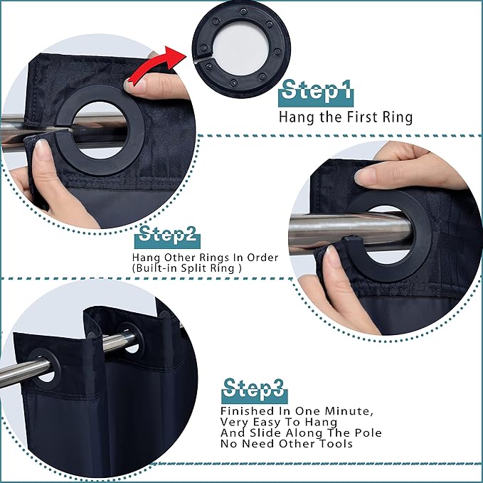 Conbo Mio Stall No Hook Shower Curtain with Snap in Liner Set, Hotel Luxury Black Shower Curtains for Bathroom with See Through Top Window, Waterproof, Washable 36W x 74H