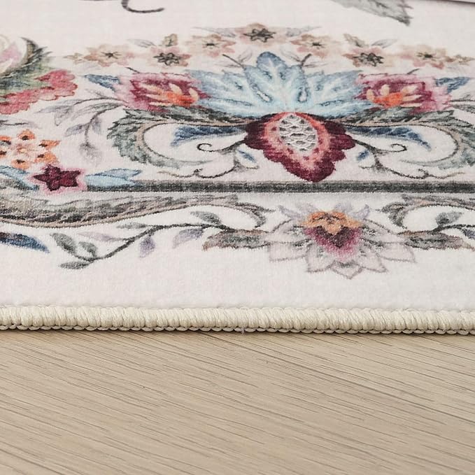 Rugcomf Vintage Paisley Kitchen Runner Rug 2'x6' - Machine Washable, Non-Slip Low Pile Floral Carpet for Laundry, Bedroom, Bathroom - Beige