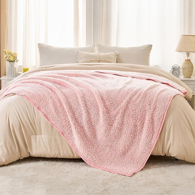 EMME Soft Sherpa Fleece Blanket Reversible Plush Fluffy Large Blanket, Light Weight Warm Decorative Boho Blanket Cover for Sofa, Couch, Bedroom,Travel(Plush Pink,108"x90")