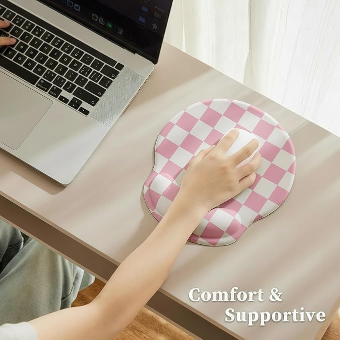 Pink Checkered Mouse Pad with Gel Wrist Rest, Wrist Support, Ergonomic Desk Accessories for Girls Women, Office Laptop Gaming Decor, Cute Aesthetic Trendy Check Design