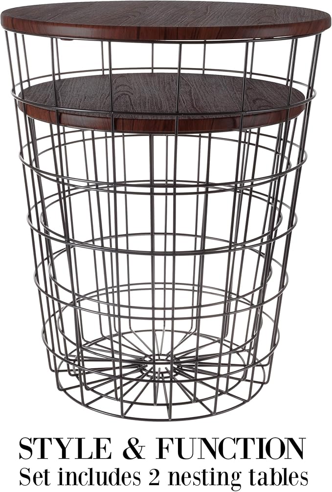 End Tables Set of 2 - Nesting Tables with Removable Wood Tops and Metal Wire Baskets for Blanket Storage - Round Side Furniture for Living Room, Bedroom, or Home Office by Lavish Home (Cherry/Black)