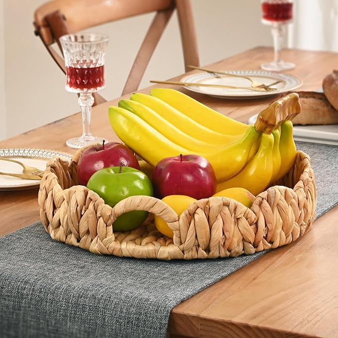 Livofloral Scalloped Edge Round Serving Tray, Handwoven Rattan Tray with Built-in Handles, Decorative Scalloped Basket Tray for Coffee Table, Water Hyacinth Wicker baskets for Ottoman