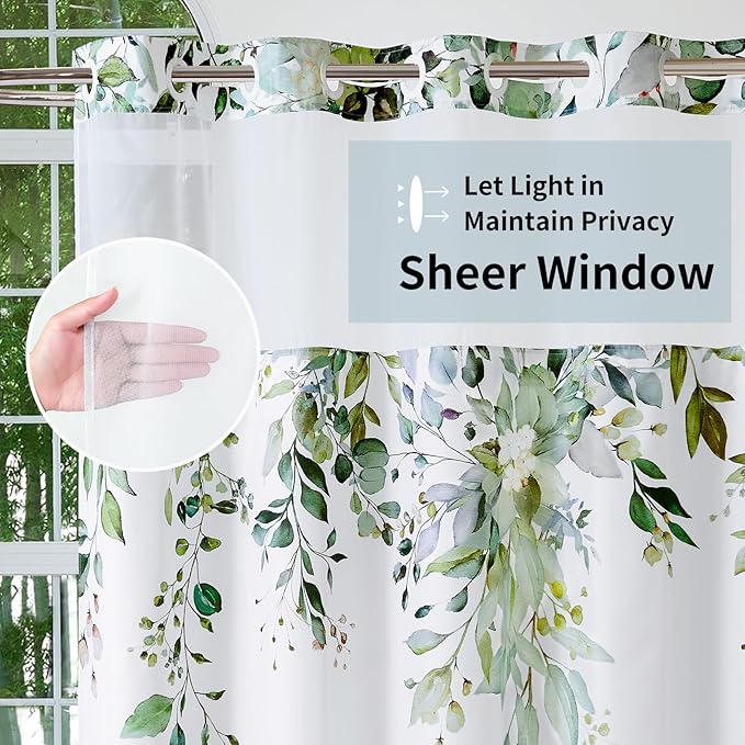 QiyI No Hook Shower Curtain with Snap in Fabric Liner, Sage Green Eucalyptus Shower Curtain with See Through Top Window, Waterproof Washable Cloth Ringless Shower Curtain Set for Bathroom, 72 x 75