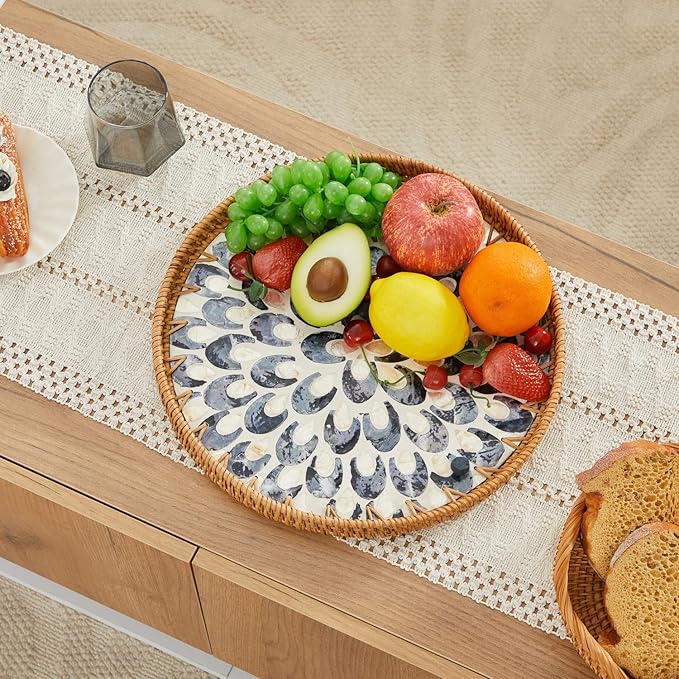 Shellac Rattan Tray with Mother of Pearl Inlay, Round Decorative Serving Tray for Home Décor Coffee Table Storage and Display, 100% Natural Materials - Ottoman Tray Black 13.5"