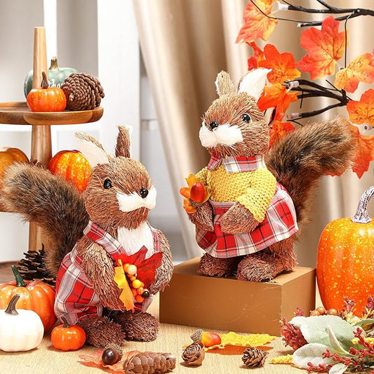 Namalu 2 Pack Squirrel Sisal Fall Decor Thanksgiving Decoration Indoor Sisal Figurine for Home Table Centerpieces Cute Handmade Fall Woodland Animal Statue for Autumn Harvest Office Cozy Shelf Decor