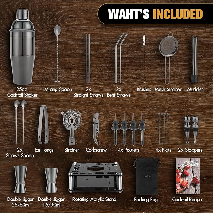 KINGROW Cocktail Shaker Set 29-Piece Bartender Kit with Rotating Stand | Bar Set Drink Mixer Set with All Essential Accessory Tools for Drink Mixing, Home, Bar, Party |Black