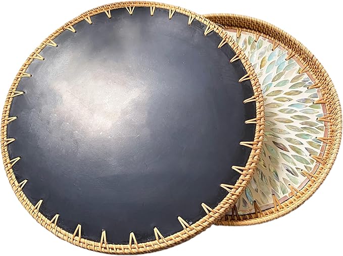 i-lan Mother of Pearl Inlay and Natural Wicker Mixed 16Inch Round Decorative Serving Platter,Rattan Coffee Bread Serving Display Tray with Sea Blue MOP Inlay for Table Decor,Storage of Fruit,Candy.