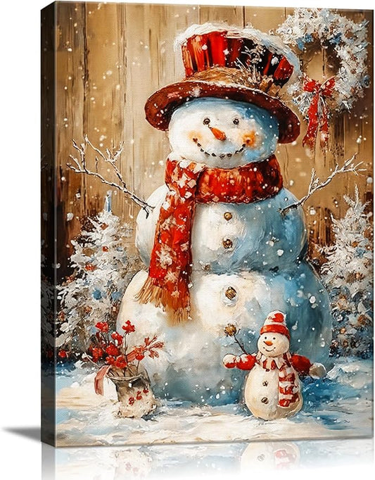 Vintage Snowman Christmas Canvas Wall Art, Framed Rustic Christmas Print Picture for Living Room Bedroom Decor, Ideal Christmas Wall Art Decorations and Holiday Gifts