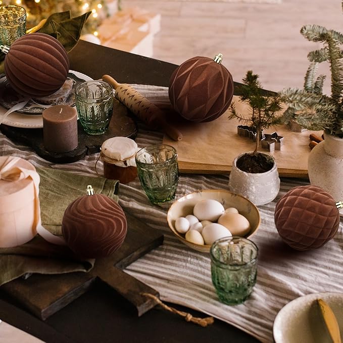 4 Pcs 4 Inch Large Velvet Christmas Ball Ornaments Vintage Christmas Plastic Ball Ornaments Flocked Tree Hanging Decoration for Xmas Party Wedding Home Decor(Brown)