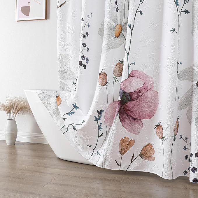 QiyI Floral Shower Curtain, 3D Embossed Butterflies Watercolor Wildflower Bathroom Curtain, Minimalist White Cloth Bath Curtains, Waterproof Fabric Textured Shower Curtain Set with Hooks, 72x72