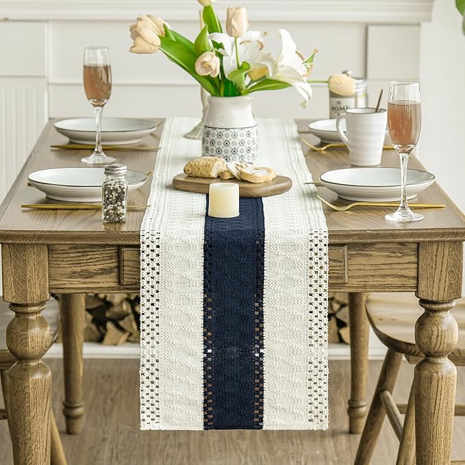 Artoid Mode Dark Blue Farmhouse Rustic Table Runner, Seasonal Holiday Hollow Kitchen Dining Table Decoration for Home Party Decor 12x72 Inch