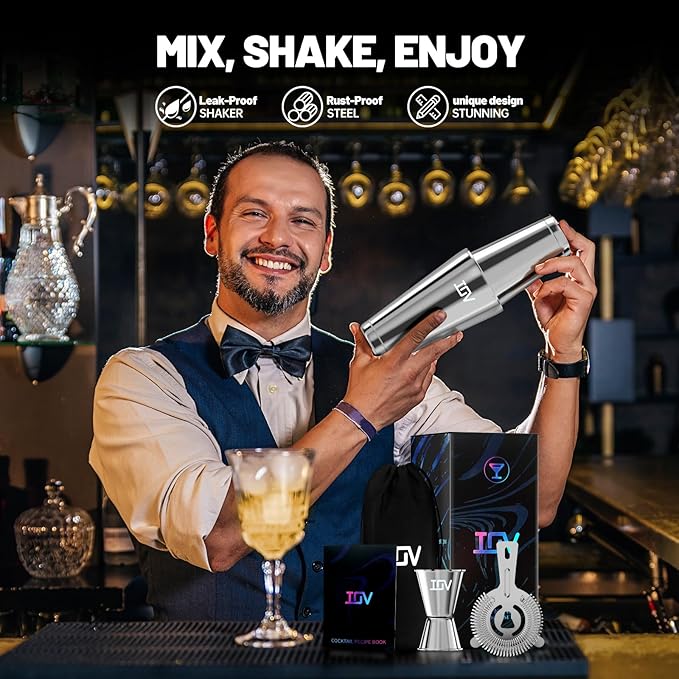 IOV Boston Cocktail Shaker Bar Set, Bartender Kit Drink Mixer Set with 18 oz & 28 oz Boston Shakers, Hawthorne Strainer, Double Jigger, Bar Tool Kit and Recipe Booklet - Silver