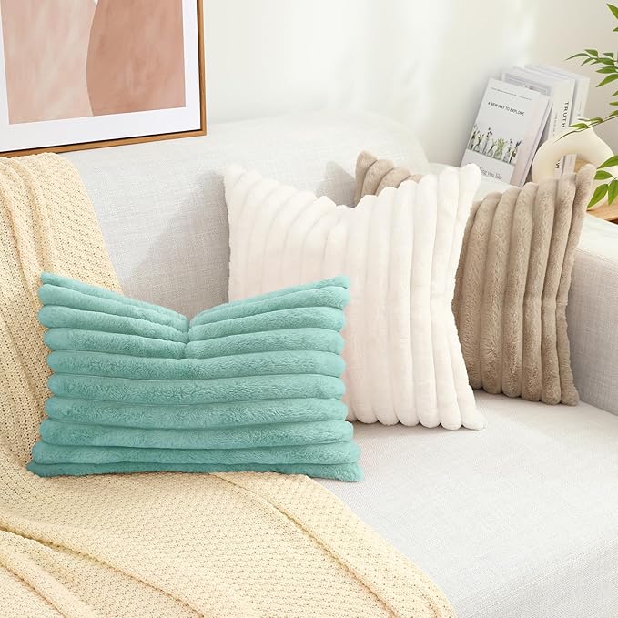 decorUhome Faux Fur Throw Pillow Covers 12x20 Set of 2, Decorative Soft Plush Striped Lumbar Neutral Couch Euro Pillow Covers with Velvet Back for Sofa, Bed, Living Room Home Decor, Aqua