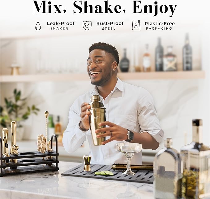 BARE BARREL® Mixology Bartender Kit Bar Set | 14-Piece Cocktail Shaker Set | Martini Barware Mixing Tools for Home Bartending | 35 Recipe Cards | Gift Set (24oz Cobbler Shaker, Gold/Black)