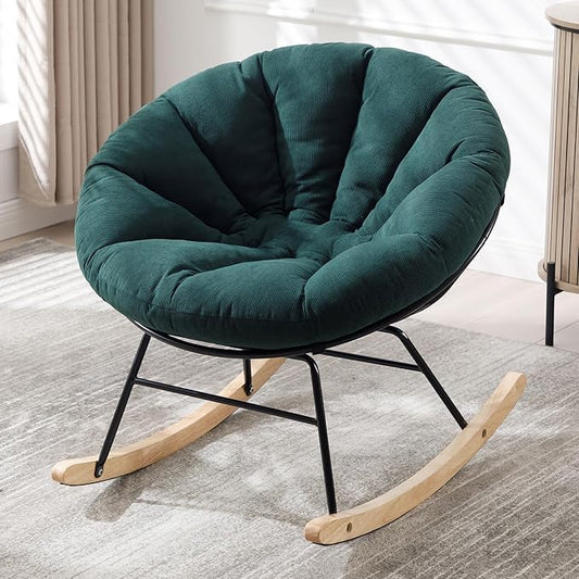 NIOIIKIT Nursery Saucer Rocking Chair, Corduroy Upholstered Round Glider Chair, Nursing Chair with Comfy Cushion, Tufted Papasan Chair, Cozy Reading Chair for Living Room, Bedroom (Green)