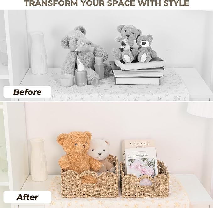 KOKODO Set of 2 Scalloped Wicker Baskets – Handwoven Rectangular Seagrass Storage Baskets with Lid and Handles for Organizing, Bathroom, Living Room & Shelf Décor – Decorative Rattan Organizing Bins