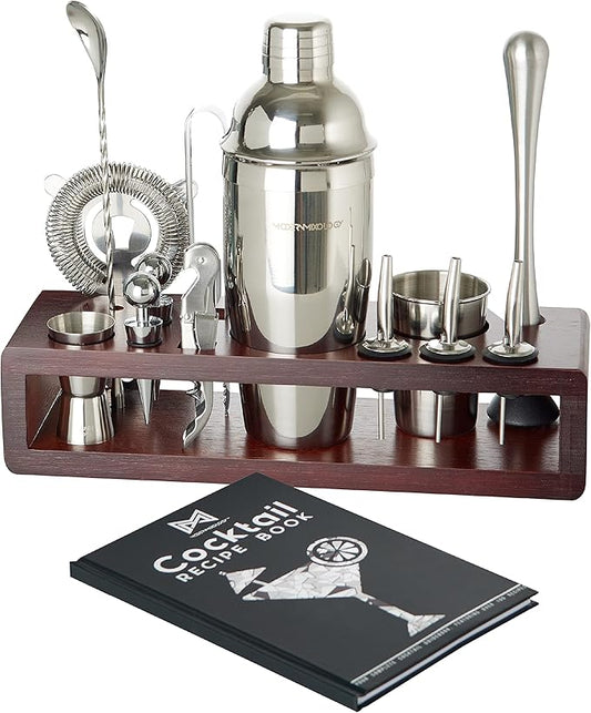 Modern Mixology 21-Piece Cocktail Shaker Set with Stand, Bartender Kit for Home Bar Accessories: 24oz Martini Shaker, Jigger, Strainer, Bar Spoon, Tongs, Opener, Muddler (Silver, Dark Brown Stand)