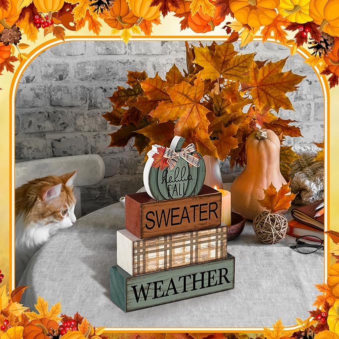 4 Pcs Fall Pumpkin Decor Fall Decorations for Home Thanksgiving Table Centerpiece Pumpkin Tiered Tray Decor Rustic Decorative Block Signs Farmhouse for Autumn Harvest Party Table Kitchen Home