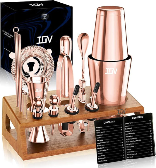 IOV Mixology Bartender Kit Bar Set with Stand | 17-Piece Cocktail Shaker Set | 28oz Boston Shaker Drink Mixer Set with All Essential Accessory Tools | Fun Housewarming Gift (Rose Gold)