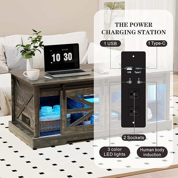 Farmhouse Coffee Table, Lift Top Coffee Table with Gun Cabinet, 2 Sliding Barn Doors-Large Storage and 3 Color LED Lights fit Modern Rectangular Rustic Living Room Center Table,Dark Oak