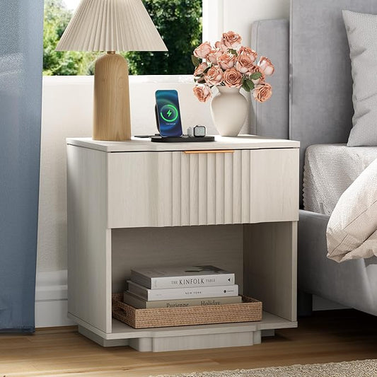 Yechen Fluted Nightstand with 20W Fast Charging Station - Modern Large Night Stand with Storage Drawer & Open Shelf, Wide Wood Bedside End Table for Bedroom with Curved Profile Base, White Oak