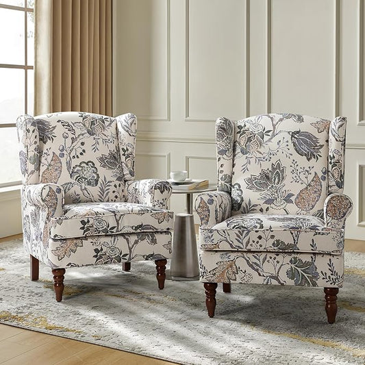 HULALA HOME Wingback Accent Chairs Set of 2 with Retro Wood Legs, Traditional Fabric Armchairs for Living Room Bedroom, Comfy Upholstered Sofa Chairs Reading Chairs with Unique Pattern Design, Green
