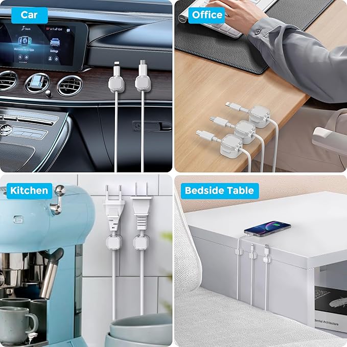 AhaStyle Magnetic Cable Organizer [1s Lock] 6 Pack Cord Holders Clips Strong Adhesive Cord Keeper [Smooth Adjustable] Hide Wire Cord Organizer for Nightstand Kitchen Car Office (White)