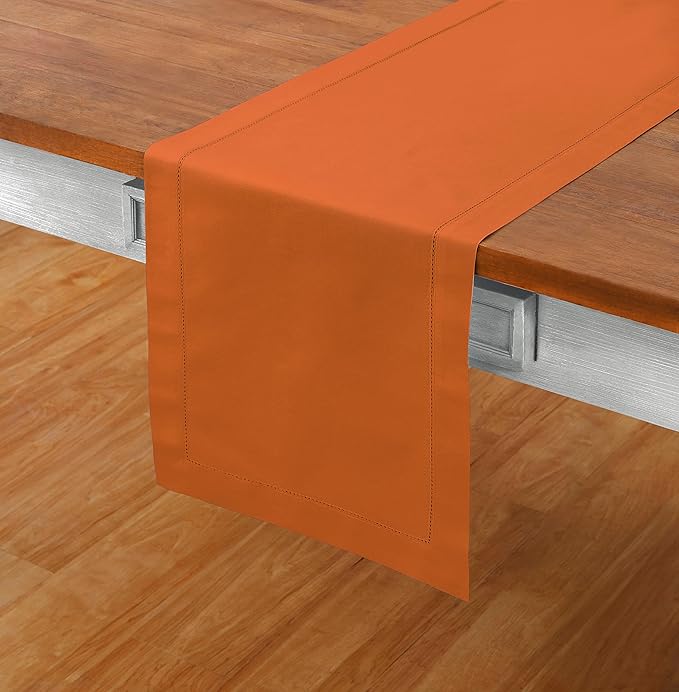 Solino Home Cotton Linen Table Runner 36 Inches - Pumpkin Hemstitch Table Runner 14 x 36 Inch Ideal for Dresser and Coffee Tables - Fall, Autumn, Halloween, Thanksgiving, Holiday