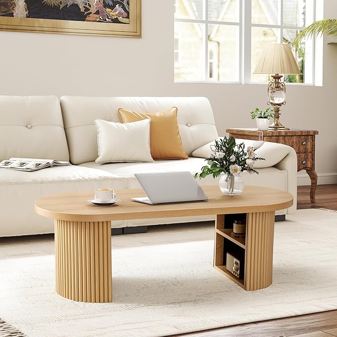 AVZEAR Fluted Oval Coffee Table with Storage for Living Room, Boho Modern Coffee Table, Curved Round Wood Center Table for Home, Small Spaces, Office, Natural(47.24" x 19.69" x 15.74")