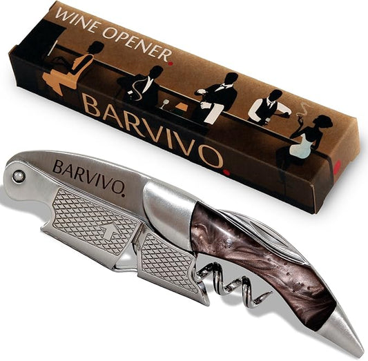 Barvivo Black Resin Wine Opener with Foil Cutter Knife and Cap Remover, Double Hinged Manual Wine Key for Bartenders, Servers, Waiters, Stainless Steel Wine Bottle Opener Corkscrew