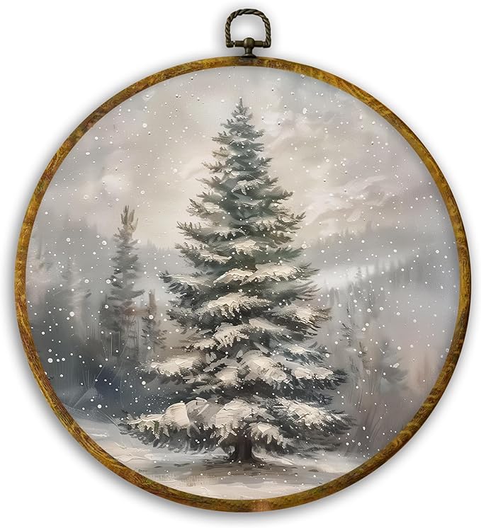 CUANFDDSF Christmas Winter Tree Round Wall Art Decor, Rustic Snowy Forest Pine Tree Landscape Wall Hanging Frame Decor, Cozy Winter Canvas Prints Decorations for Home Bedroom Living Room, 10x10 Inch