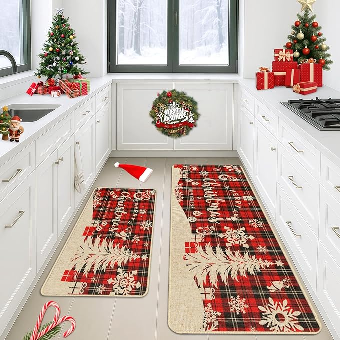 Christmas Red Buffalo Plaid Kitchen Rugs and Mats Non Skid Washable Set of 2, Tree Snowflake Xmas Kitchen Mats for Floor Decor