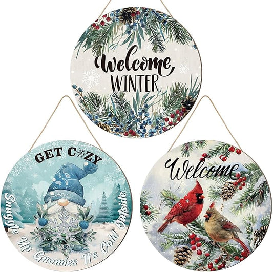 3 Pcs Winter Welcome Sign for Front Door Decor Winter Farmhouse Cardinal Bird Gnome Wooden Door Hanger for Outdoor Outside Porch Round Hanging Signs for Home Indoor Outdoor Decorations