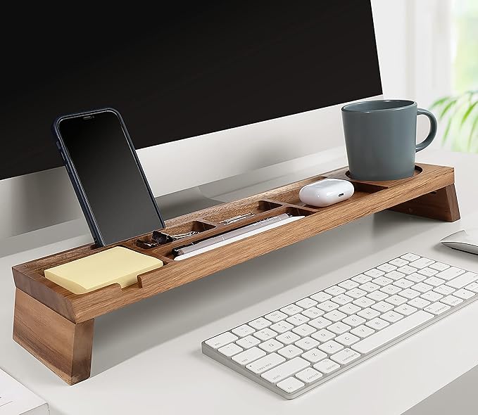 Natural Wood Desk Organizer - Multi-Compartment Wooden Organizers for Home, Office, Cubicle Accessories - Table Caddy for Desktop and Workspace - Pencil Storage Tray